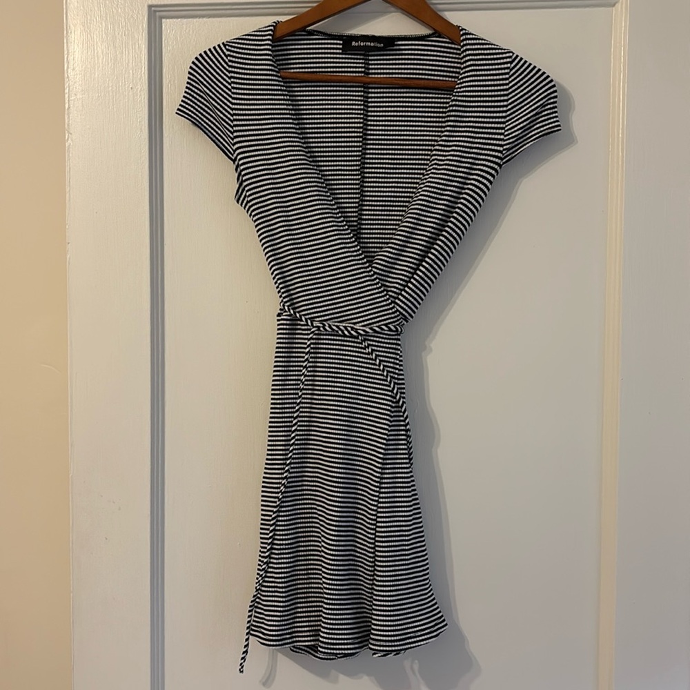 Reformation Tulip Ribbed Striped Mini Wrap Dress